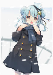 Rule 34 | 1girl, absurdres, alternate costume, black coat, black ribbon, blue hair, blue scarf, coat, dixie cup hat, double bun, fang, feet out of frame, hair bun, hat, hat ribbon, highres, kantai collection, military hat, ribbon, samuel b. roberts (kancolle), samuel b. roberts mk ii (kancolle), scarf, skin fang, smile, snow, solo, standing, twintails, yashin (yasinz), yellow eyes