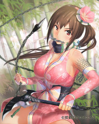 Rule 34 | 1girl, bad id, bad pixiv id, breasts, bridal gauntlets, brown eyes, brown hair, chain, ddal, flower, genderswap, genderswap (mtf), hair flower, hair ornament, kama (weapon), kusarigama, large breasts, long hair, mouth hold, ninja, shishido baiken, sickle, side ponytail, solo, souken no cross age, weapon, whip