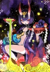 Rule 34 | alcohol, ankle ribbon, bad id, bad pixiv id, bob cut, breasts, cherry blossoms, cup, eyeshadow, fate/grand order, fate (series), flower, food, fruit, gourd, grapes, headpiece, horns, japanese clothes, kimono, leg ribbon, leg up, makeup, oni, open clothes, open kimono, petals, pouring, purple eyes, purple hair, revealing clothes, ribbon, sahau228, sakazuki, sake, shide, short eyebrows, shuten douji (fate), shuten douji (first ascension) (fate), sketch, skin-covered horns, small breasts, solo