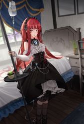 Rule 34 | 1girl, absurdres, bed, black socks, blush, book, breasts, brooch, buttons, chair, clothing cutout, curtains, desk, double-breasted, dress, frills, gem, hairband, highres, hime cut, holding, holding pole, intravenous drip, iv stand, jewelry, kneehighs, long hair, long sleeves, looking at viewer, medicine, medium breasts, nomen, open mouth, original, pill, plant, pole, potted plant, red eyes, red hair, shoulder cutout, socks, solo, standing, very long hair, window