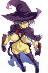 Rule 34 | 1girl, breasts, cape, gloves, hat, large breasts, michael f91, navel, nipples, no panties, purple eyes, purple thighhighs, short hair, solo, tail, thighhighs, tonfa, weapon, witch hat
