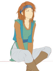 Rule 34 | 1girl, androgynous, between legs, boots, breasts, closed eyes, flat color, hand between legs, headband, knee boots, light smile, long hair, nonji (sayglo halo), open clothes, open vest, orange hair, pants, raquel (tear ring saga), sash, side slit, simple background, sitting, small breasts, smile, solo, tear ring saga, tunic, v arms, vest, white background