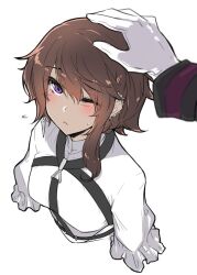 Rule 34 | 1boy, 1girl, ;&lt;, blush, brown hair, chest harness, closed mouth, concetta (fate), cropped torso, earrings, edmond dantes (fate), edmond dantes (monte cristo uniform) (fate), fate/grand order, fate (series), frills, gloves, harness, headpat, hirase yuu, jewelry, looking at viewer, one eye closed, out of frame, shirt, short hair, simple background, single earring, solo focus, sweat, swept bangs, upper body, white background, white gloves, white shirt