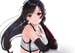 Rule 34 | 1girl, arm guards, arm rest, armpit crease, black hair, bossun (laetus), breasts, collarbone, commentary request, crop top, elbow pads, final fantasy, final fantasy vii, fingerless gloves, gloves, highres, long hair, looking at viewer, low-tied long hair, medium breasts, red eyes, shirt, solo, swept bangs, tank top, taut clothes, taut shirt, tifa lockhart, white tank top