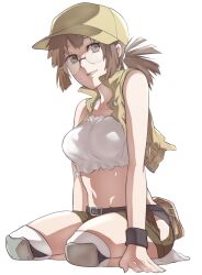 Rule 34 | 1girl, baseball cap, belt, black belt, black wristband, breasts, brown eyes, brown hair, brown hat, brown shorts, collarbone, collared vest, commentary request, crop top, fio germi, full body, glasses, hat, helping-hand, knee pads, looking at viewer, medium breasts, metal slug, midriff, navel, no shoes, open clothes, open vest, parted lips, ponytail, round eyewear, seiza, shorts, simple background, sitting, snk, socks, solo, stomach, vest, white background, white socks, wristband