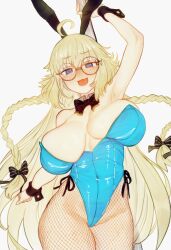 Rule 34 | 1girl, @ @, aesc (fate), aesc (rain witch) (fate), ahoge, animal ears, bare shoulders, blonde hair, blue eyes, blue leotard, blush, braid, breasts, cleavage, commentary, ebora, english commentary, fake animal ears, fate/grand order, fate (series), fishnet pantyhose, fishnets, glasses, highleg, highleg leotard, highres, large breasts, leotard, long hair, looking at viewer, open mouth, pantyhose, playboy bunny, rabbit ears, round eyewear, smile, solo, twin braids, unaligned breasts, wrist cuffs