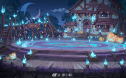 Rule 34 | blue fire, candle, cloud, crescent moon, fire, halloween, hanxiaodan, house, jack-o&#039;-lantern, lovebrush chronicles, magic circle, moon, night, no humans, official art, outdoors, pedestal, pumpkin, scenery, sky, stairs, star (sky), starry sky, string of flags, tree, weibo logo, weibo watermark, wooden floor