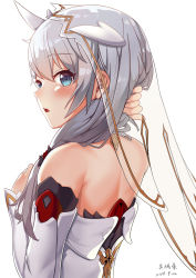 Rule 34 | 1girl, 495136293, :o, arm up, back, bare shoulders, blue eyes, blush, chinese commentary, commentary request, dated, detached sleeves, from behind, gold trim, grey hair, hair over shoulder, hand in own hair, highres, honkai (series), honkai impact 3rd, horns, long hair, looking at viewer, looking away, looking to the side, open mouth, school uniform, see-through, signature, simple background, sleeves past wrists, solo, theresa apocalypse, theresa apocalypse (celestial hymn), veil, white background