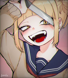 Rule 34 | 1girl, :d, bad id, bad pixiv id, bags under eyes, blonde hair, blue sailor collar, blunt bangs, blush, boku no hero academia, cardigan, chromatic aberration, close-up, commentary, double bun, fangs, hair bun, hair up, hand to head, highres, holding, holding knife, holding weapon, knife, long sleeves, looking at viewer, narrowed eyes, neckerchief, open mouth, pink background, portrait, red neckerchief, sailor collar, school uniform, serafuku, sidelocks, signature, slit pupils, smile, solo, teeth, toga himiko, tomitacchi, weapon, yellow cardigan, yellow eyes