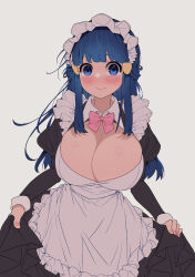 Rule 34 | alternate breast size, alternate costume, apron, blue eyes, blue hair, blush, breasts, cleavage, creatures (company), dawn (pokemon), frilled apron, frills, game freak, grey background, hair ornament, hairpin, highres, huge breasts, long hair, looking at viewer, maid, maid apron, maid headdress, matching hair/eyes, nail polish, neck ribbon, nintendo, pink ribbon, pokemon, pokemon dppt, ribbon, sidelocks, simple background, smile, sumisumii