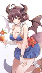 Rule 34 | 1girl, ahoge, bandaged arm, bandages, bare arms, bare shoulders, bikini, bikini top only, blue bikini, blue skirt, breasts, brown hair, choker, cleavage, cocktail glass, collarbone, cup, dragon girl, dragon horns, dragon tail, dragon wings, drinking glass, drinking straw, flower, grea (shingeki no bahamut), groin, hibiscus, highres, holding, holding cup, horns, large breasts, leg up, mid (gameshe), miniskirt, navel, parted lips, pleated skirt, pointy ears, red eyes, red flower, ribbon, ribbon choker, sandals, shingeki no bahamut, short hair, sidelocks, skirt, solo, stomach, swimsuit, tail, thighs, tropical drink, white background, white ribbon, wine glass, wings