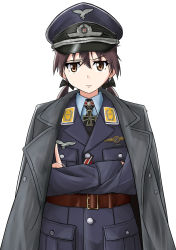 Rule 34 | 1girl, bird, brown eyes, brown hair, cross, eagle, gertrud barkhorn, hat, highres, insignia, iron cross, jacket, luftwaffe, military, military hat, military jacket, military uniform, peaked cap, strike witches, swastika, twintails, uniform, user wheh8572, world witches series