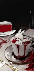 Rule 34 | 1girl, absurdres, albino, animal, animal ears, bath, bath of blood, blood, blood on clothes, bloody knife, blunt bangs, braid, braided ponytail, cake, commentary, cup, dark background, dress, food, highres, knife, limited palette, long hair, looking down, mini person, minigirl, original, partially submerged, plate, rabbit, rabbit ears, rabbit girl, red eyes, shirokujira, spoon, sugar cube, teacup, white dress, white hair