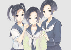 Rule 34 | 3girls, black hair, cardigan, kobayakawa rinko, love plus, multiple girls, multiple persona, school uniform, serafuku, short hair, simple background, umesuki, v