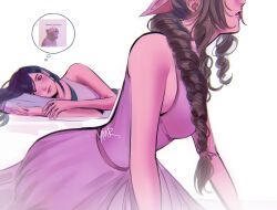 2girls aerith_gainsborough bare_arms black_hair blush braid brown_hair commentary dress final_fantasy final_fantasy_vii final_fantasy_vii_remake hair_ribbon hashtag-only_commentary highres long_hair looking_at_another meme multiple_girls neuron_activation_(meme) parted_lips pink_dress pink_ribbon red_eyes ribbon single_braid sleeveless sleeveless_dress speech_bubble tank_top thought_bubble tifa_lockhart white_tank_top ymr18 yuri