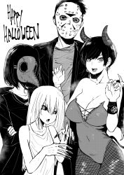 Rule 34 | 1boy, 3girls, absurdres, alternate costume, bare shoulders, black hair, black jacket, black sclera, bracelet, breasts, cleavage, collarbone, colored sclera, commentary, crossed arms, desyana laurentia, earrings, english commentary, fangs, fingernails, fishnets, flat chest, greyscale, hair between eyes, halloween, halloween costume, happy halloween, highres, hockey mask, horns, jacket, jewelry, large breasts, leotard, long fingernails, long hair, looking at viewer, mask, melissa renata, monochrome, multiple girls, necklace, no bra, norman maggot, olive laurentia, open mouth, original, pixie cut, plague doctor mask, red shirt, shirt, short hair, siblings, sigit martinus, simple background, sisters, sketch, standing, strapless, strapless leotard, suit jacket, tank top, white background, white shirt, white tank top