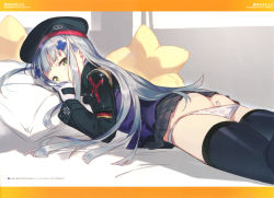 Rule 34 | 1girl, absurdres, ass, beret, black thighhighs, cross, german flag, girls&#039; frontline, gloves, green eyes, hair ornament, hairclip, hat, highres, hk416 (girls&#039; frontline), iron cross, long hair, long sleeves, looking at viewer, lying, md5 mismatch, miniskirt, on bed, on stomach, panties, panty pull, pillow, plaid, plaid skirt, pleated skirt, resolution mismatch, silver hair, skindentation, skirt, solo, source smaller, thighhighs, underwear, very long hair, weee (raemz), white panties