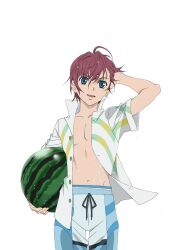 Rule 34 | 1boy, ahoge, artist request, asbel lhant, blue eyes, blue male swimwear, blue swim trunks, brown hair, commentary, cowboy shot, drawstring, english commentary, food, fruit, hair between eyes, holding, holding watermelon, looking at viewer, male focus, male swimwear, navel, official art, open clothes, open shirt, smile, swim trunks, swimsuit, tales of (series), tales of asteria, tales of graces, topless male, transparent background, watermelon, wet