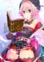 Rule 34 | 1boy, astolfo (fate), bare shoulders, belt, blush, braid, coat, cosplay, detached sleeves, fang, fate/apocrypha, fate/grand order, fate (series), frills, hair ribbon, hat, helena blavatsky (fate) (cosplay), helena blavatsky (fate), long hair, male focus, open mouth, p answer, pink hair, purple eyes, ribbon, single braid, solo, strapless, thighhighs, trap