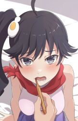 Rule 34 | 1girl, absurdres, ahoge, araragi karen, black eyes, black hair, blush, breasts, brushing another&#039;s teeth, brushing teeth, camui1104, commentary request, egg hair ornament, food-themed hair ornament, fried egg, hair ornament, highres, large breasts, long hair, looking at viewer, lower teeth only, monogatari (series), nisemonogatari, open mouth, pink shirt, pov, purple skirt, red scarf, scarf, shirt, side ponytail, sitting, skirt, sleeveless, sleeveless shirt, teeth, toothbrush