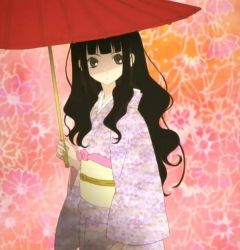 Rule 34 | 00s, 1girl, black hair, flower, grey eyes, itoshiki rin, japanese clothes, kimono, long hair, sayonara zetsubou sensei, screencap, solo, umbrella, very long hair