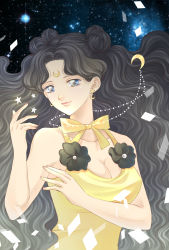 Rule 34 | 1girl, beads, bishoujo senshi sailor moon, black hair, blue eyes, breasts, cleavage, crescent, crescent facial mark, crescent necklace, double bun, dress, earrings, facial mark, flower, forehead mark, hair bun, highres, jewelry, koya, large breasts, lips, luna (sailor moon), luna (sailor moon) (human), necklace, pendant, sky, smile, solo, star (sky), star (symbol), star earrings, starry sky, upper body, yellow dress
