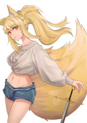 Rule 34 | 1girl, absurdres, alternate costume, animal ear fluff, animal ears, arknights, blonde hair, blue shorts, chinese commentary, commentary request, cowboy shot, crop top, fox ears, fox tail, grey sweater, groin, hair between eyes, head tilt, highres, horse girl, large tail, lewenxijian, long hair, long sleeves, looking at viewer, midriff, navel, nearl (arknights), orange eyes, parted lips, partial commentary, planted, planted sword, planted weapon, ponytail, puffy sleeves, short shorts, shorts, sidelocks, solo, standing, stomach, sweater, sword, tail, thighs, weapon