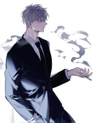 Rule 34 | 1boy, black necktie, cigarette, cowboy shot, facing to the side, formal, hair between eyes, hand in pocket, highres, holding, holding cigarette, ilay riegrow, k sui0424, leaning, long sleeves, male focus, necktie, short hair, smoke, solo, suit, teeth, white background, white hair