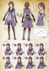 Rule 34 | 1girl, absurdres, atelier (series), atelier meruru, blue eyes, boots, brown hair, character sheet, coat, concept art, cross-laced footwear, esty erhard, female focus, full body, gloves, gradient background, hair ornament, hairpin, highres, jewelry, knee boots, lace-up boots, multiple views, non-web source, pantyhose, partially colored, pendant, red pantyhose, short hair, simple background, smile, sword, turnaround, weapon, white background