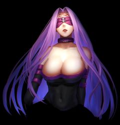 Rule 34 | 1girl, black background, blindfold, breasts, covered eyes, facial mark, fate/stay night, fate (series), forehead, forehead mark, large breasts, lips, long hair, medusa (fate), medusa (rider) (fate), minami koyogi, purple hair, very long hair