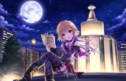 Rule 34 | 10s, 1girl, :d, artist request, belt, black footwear, book, boots, bracelet, building, choker, clock, cloud, collarbone, cross-laced footwear, detached sleeves, eyebrows, fountain, garter straps, high heel boots, high heels, holding, holding book, idolmaster, idolmaster cinderella girls, idolmaster cinderella girls starlight stage, jewelry, lace-up boots, long sleeves, looking at viewer, moon, multicolored hair, necklace, night, night sky, ninomiya asuka, official art, open mouth, outdoors, pink eyes, red skirt, sitting, skirt, sky, skyscraper, smile, solo, star (sky), thigh boots, thighhighs, tree