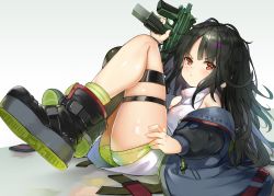 Rule 34 | &gt;:(, 1girl, :t, absurdres, black hair, black thighhighs, boots, c-ms (girls&#039; frontline), cbj-ms, dress, extended magazine, foregrip, frown, girls&#039; frontline, grey jacket, gun, handgun, highres, holding, holding weapon, hukahire0120, jacket, legs, legs up, long hair, long sleeves, looking at viewer, machine pistol, messy hair, mole, mole under eye, off shoulder, open clothes, open jacket, parted bangs, personal defense weapon, pistol, red eyes, short dress, short shorts, shorts, single thighhigh, sitting, sleeveless, solo, submachine gun, thigh strap, thighhighs, v-shaped eyebrows, very long hair, weapon, white dress