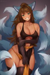 Rule 34 | 1girl, animal ear fluff, animal ears, arm under breasts, bare shoulders, belt, black gloves, black thighhighs, breasts, brown hair, collarbone, commentary, cowboy shot, dress, elbow gloves, english commentary, fox ears, fox girl, fox tail, gloves, green eyes, grin, highres, iwbitu, kitsune, kyuubi, large breasts, long hair, looking at viewer, multiple tails, original, panties, side slit, smile, solo, tail, teeth, thighhighs, underwear, yellow belt, yellow panties