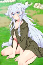 Rule 34 | 1girl, blue eyes, blurry, blurry background, breasts, closed mouth, collarbone, commentary, english commentary, fenrys, grey hair, hair between eyes, hair flaps, highres, hood, hood down, hooded robe, large breasts, lindaroze, long hair, looking at viewer, lv2 kara cheat datta moto yuusha kouho no mattari isekai life, naked robe, on ground, open clothes, open robe, outdoors, paid reward available, pointy ears, robe, sidelocks, sitting, solo, spread legs, thighs, twitter username, very long hair, watermark, web address