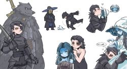 Rule 34 | 2boys, 2girls, absurdres, armor, black hair, blaidd the half-wolf, blue eyes, blue hair, blue skin, cape, cloak, closed mouth, colored skin, cracked skin, dress, elden ring, extra arms, extra faces, eyepatch, fur cloak, furry, furry male, gauntlets, greatsword, hat, highres, hug, huge weapon, jewelry, joints, kiss, long hair, looking at viewer, mask, miniature ranni, moreblack, multiple boys, multiple girls, one eye closed, ranni the witch, smile, sword, tarnished (elden ring), weapon, white dress, witch, witch hat, wolf boy, yellow eyes, yuri