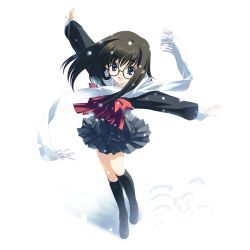 Rule 34 | 1girl, :d, black-framed eyewear, black hair, black socks, blue eyes, blush, bow, brown hair, eyebrows, footprints, from above, full body, glasses, grey skirt, happy, highres, kneehighs, kurihara touko, legs together, loafers, long hair, long sleeves, miniskirt, mitsumi misato, nakamura takeshi, open mouth, outstretched arms, pleated skirt, red bow, round eyewear, scarf, school uniform, serafuku, shadow, shoes, skirt, sleeve cuffs, smile, snow, snowing, socks, solo, spread arms, standing, tenshi no inai 12-gatsu, thighhighs, touko kurihara, white scarf