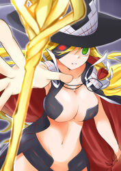Rule 34 | 10s, 1girl, 2019, alternate breast size, bare hips, blonde hair, breasts, cape, collarbone, eyepatch, female focus, green eyes, grey background, gungnir (toaru), hat, large breasts, long hair, looking at viewer, midriff, navel, one eye covered, othinus, polearm, revealing clothes, solo, spear, standing, toaru majutsu no index, upper body, weapon, witch hat, yakutashi