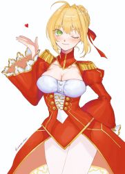 Rule 34 | 1girl, ahoge, bad link, blonde hair, blush, braid, breasts, cleavage, closed mouth, crown braid, dress, epaulettes, fate/extra, fate/grand order, fate (series), green eyes, heart, highres, looking at viewer, marony chan, medium breasts, nero claudius (fate), nero claudius (fate) (all), one eye closed, red dress, sidelocks, smile, solo, standing, white background