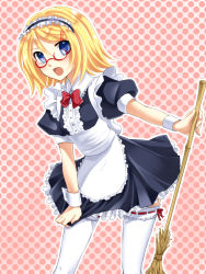 Rule 34 | &gt;:o, 1girl, :o, alternate costume, angry, bespectacled, blonde hair, blue eyes, blush, broom, clothes pull, enmaided, frilled thighhighs, frills, glasses, highres, kagamine rin, maid, maid headdress, open mouth, short hair, skirt, skirt pull, solo, thighhighs, v-shaped eyebrows, vocaloid, white thighhighs, yayoi (egoistic realism)