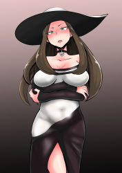 Rule 34 | 1girl, absurdres, arms under breasts, beauty (pokemon), belly, black background, black choker, black dress, black hat, breasts, breasts apart, brown background, brown hair, choker, chouku tetsushitsuiwa, cleavage, collarbone, covered navel, creatures (company), dress, earrings, front slit, game freak, gradient background, grey background, hat, head tilt, highres, impossible clothes, impossible dress, jewelry, large breasts, long dress, long hair, long sleeves, nail polish, nintendo, off shoulder, parted bangs, parted lips, poke ball symbol, pokemon, pokemon masters ex, purple nails, shiny clothes, solo, standing, stud earrings, sun hat, sweat, tight clothes, two-tone dress, white dress, white hat