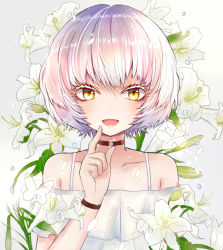 Rule 34 | 1girl, :d, act-age, bad id, bad pixiv id, black choker, blush, bug, butterfly, choker, dress, flower, hand up, insect, kikumamo82, lily (flower), looking at viewer, momoshiro chiyoko, open mouth, short hair, simple background, smile, solo, upper body, white butterfly, white dress, white hair, yellow eyes