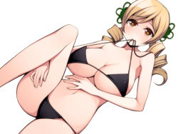 Rule 34 | 10s, 1girl, bare shoulders, bikini, bikini in mouth, black bikini, blonde hair, blush, breasts, clothes in mouth, drill hair, hair ornament, large breasts, long hair, looking at viewer, lying, mahou shoujo madoka magica, mahou shoujo madoka magica (anime), mouth hold, navel, on back, simple background, solo, swimsuit, tomoe mami, torigoe takumi, twin drills, twintails, underboob, white background, yellow eyes