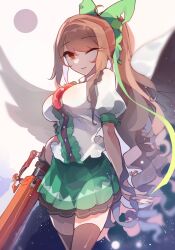 Rule 34 | 1girl, ;), ahoge, arm cannon, black thighhighs, black wings, bow, breasts, brown hair, center frills, frills, green bow, green skirt, hair bow, highres, kaliningradg, long hair, looking at viewer, one eye closed, red eyes, reiuji utsuho, shirt, skirt, smile, solo, thighhighs, third eye, touhou, weapon, white background, white shirt, wings