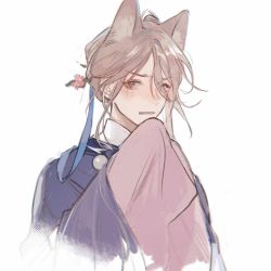 Rule 34 | 1boy, animal ears, brown eyes, cat boy, cat ears, chinese clothes, chinese commentary, clenched teeth, commentary request, embarrassed, feixuxu, hanfu, highres, light brown hair, male focus, simple background, solo, tang huhu, teeth, v-shaped eyebrows, wang chuan feng hua lu, white background
