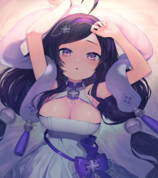 Rule 34 | 1girl, absurdres, ahoge, arms up, azur lane, bare arms, bare shoulders, bed sheet, black hair, breasts, cleavage, cleavage cutout, clothing cutout, commentary request, dress, en@rain, hair ornament, hairband, highres, huge filesize, large breasts, long hair, looking at viewer, low twintails, lying, ning hai (azur lane), ning hai (gorgeous violet) (azur lane), on back, parted lips, purple eyes, purple hairband, shawl, sleeveless, sleeveless dress, solo, swept bangs, twintails, upper body, very long hair, white dress