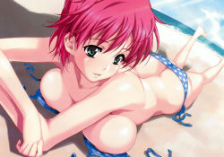 Rule 34 | 00s, 1girl, absurdres, ass, bare legs, bare shoulders, beach, bikini, breast press, breasts, butt crack, day, foreshortening, green eyes, happoubi jin, highres, iihara nao, large breasts, light rays, light smile, looking away, lying, on stomach, parted lips, pink hair, polka dot, polka dot bikini, polka dot swimsuit, resort boin, shiny skin, short hair, side-tie bikini bottom, solo, sunbeam, sunlight, swimsuit