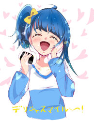Rule 34 | 1girl, :d, blue hair, blue shirt, bow, closed eyes, cropped torso, delicious party precure, hair bow, haru (nature life), heart, hirogaru sky! precure, long sleeves, medium hair, open mouth, original, precure, scene reference, shirt, side ponytail, smile, solo, sora harewataru, sparkle, t-shirt, translated, white background, yellow bow
