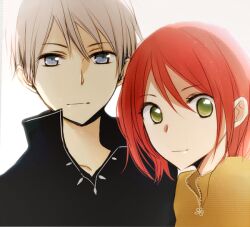 Rule 34 | 1boy, 1girl, akagami no shirayukihime, black shirt, blue eyes, brown shirt, closed mouth, commentary request, gradient background, green eyes, hair between eyes, high collar, partial commentary, red hair, shirayuki (akagami no shirayukihime), shirt, short hair, tsukimori usako, white hair, zen wistalia