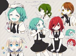 Rule 34 | 5others, bad id, bad twitter id, blue eyes, child, crayon, crystal hair, diagonal stripes, diamond (houseki no kuni), flower, green eyes, green hair, houseki no kuni, jade (houseki no kuni), mercury (element), multicolored hair, multiple others, one side up, other focus, headpat, phosphophyllite, red hair, rutile (houseki no kuni), cinnabar (houseki no kuni), short hair, skirt, striped, striped background, suspender skirt, suspenders, ton (botibotidana), two-tone hair, yellow eyes, aged down