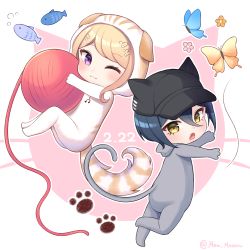 Rule 34 | 1boy, 1girl, :3, :o, ahoge, akamatsu kaede, animal costume, animal ears, black hair, black headwear, blonde hair, blush, bug, butterfly, cat costume, cat day, cat ears, cat tail, chibi, commentary request, danganronpa (series), danganronpa v3: killing harmony, dated, fake animal ears, fake tail, fang, fish, floral print, fortissimo, hair ornament, holding, insect, long hair, looking at viewer, musical note, musical note hair ornament, nabekokoa, one eye closed, paw print, paw print background, saihara shuichi, short hair, smile, tail